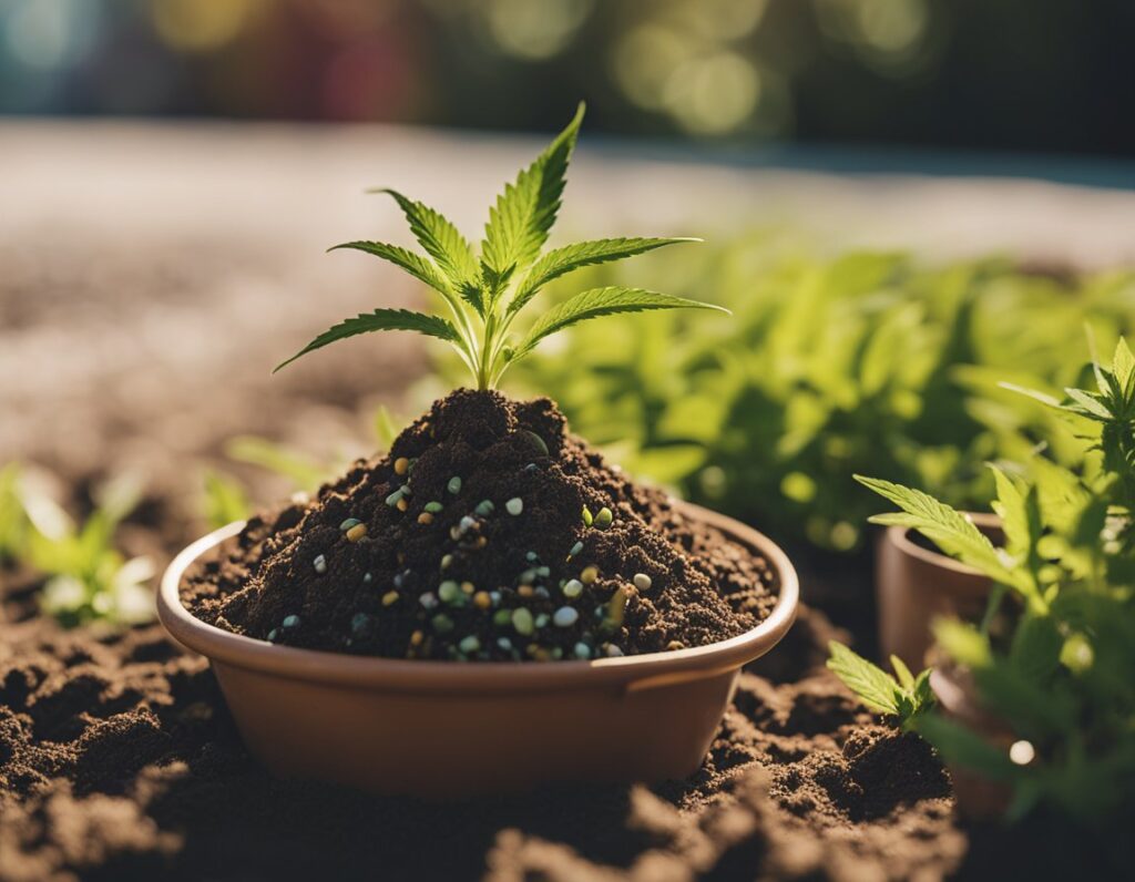 A young cannabis plant growing in a small pot filled with soil and fertilizer pellets, surrounded by other seedlings in an outdoor garden setting.