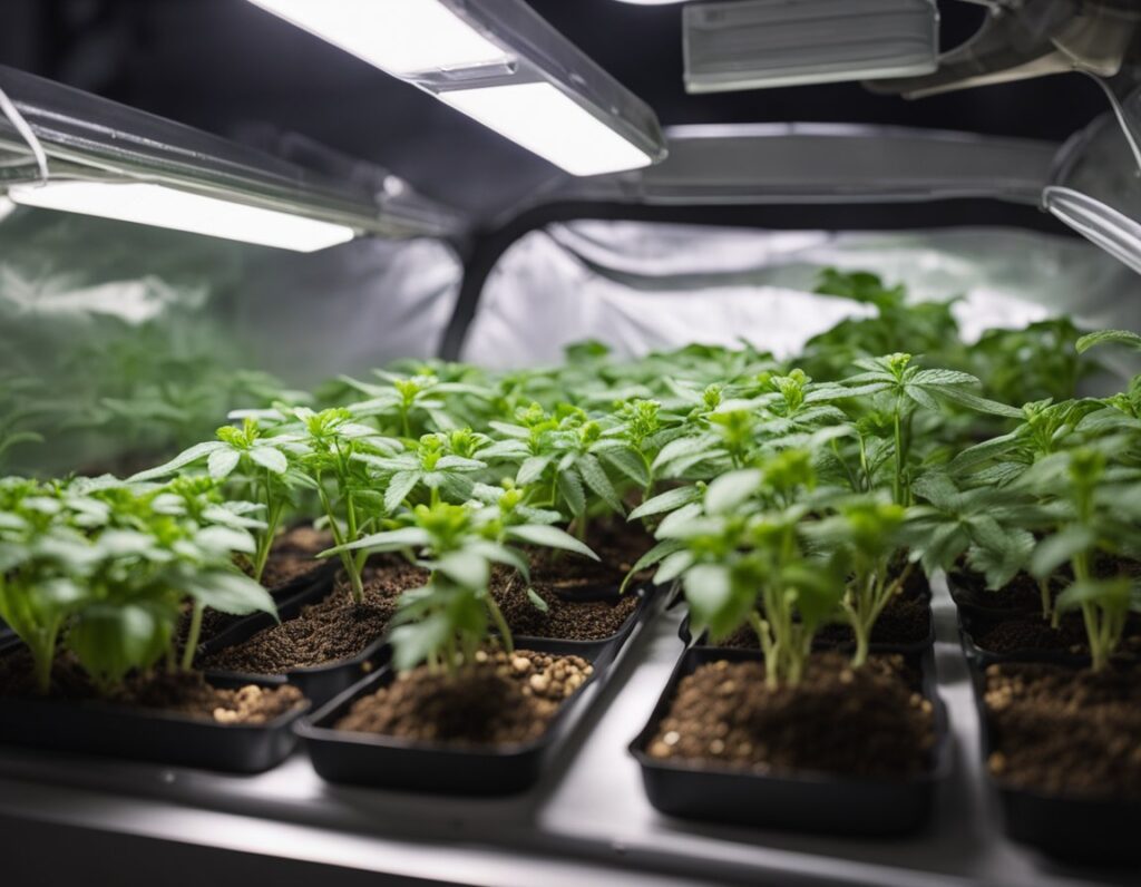 Indoor cannabis seedlings growing in small black trays under LED grow lights