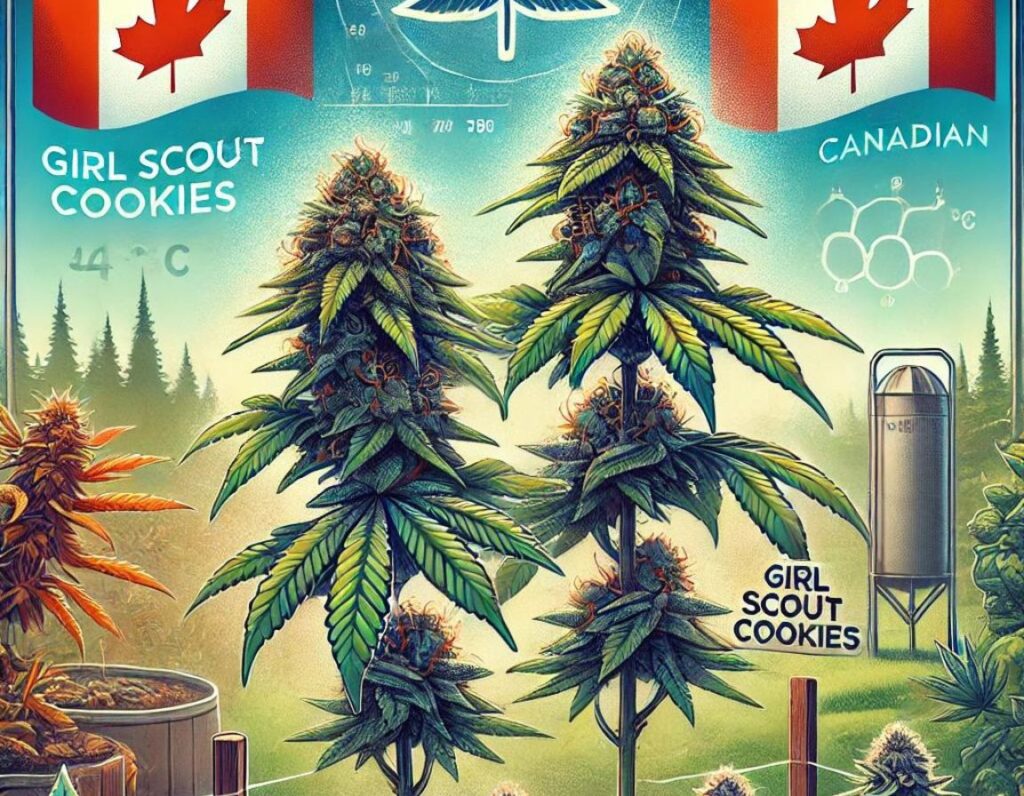 Illustration of cannabis plants labeled "Girl Scout Cookies" with Canadian flags. The background features scientific symbols and outdoor elements, evoking the rich diversity of Canadian gardens.