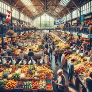 A lively scene with vibrant Granville Island Public Market stalls and bustling activity.