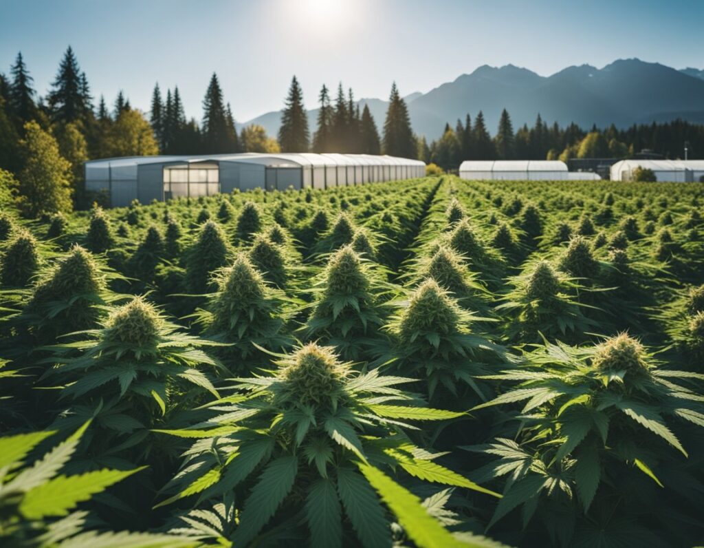 A large outdoor cannabis farm with rows of mature cannabis plants, dense with buds, set against the backdrop of greenhouses and distant mountains under a clear sky.