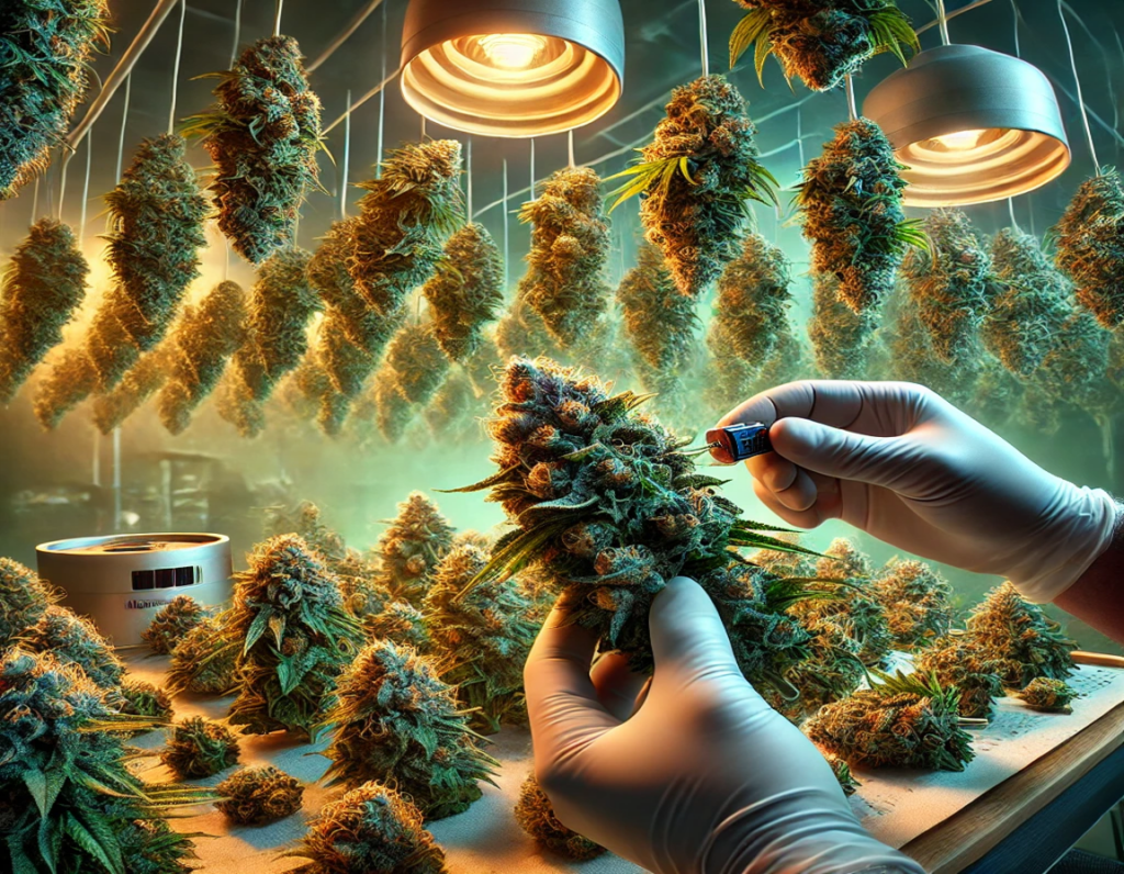 Gloved hands inspecting a trimmed cannabis bud under warm grow lights, with rows of cannabis buds hanging to dry in a controlled indoor environment.