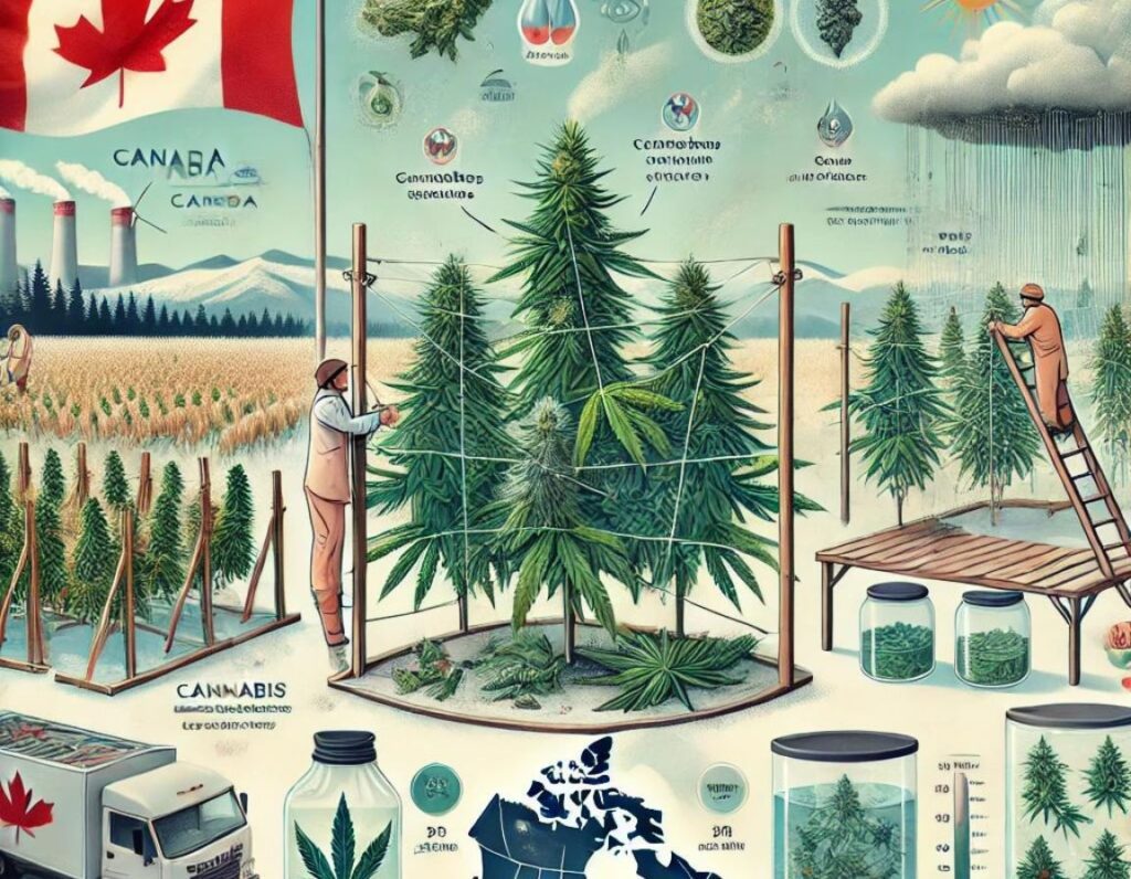 Infographic illustrating cannabis cultivation and industry in Canada, highlighting the impact of the Canadian climate. Includes images of plants, maps, workers, and various stages of production. Features the Canadian flag and factories in the background.