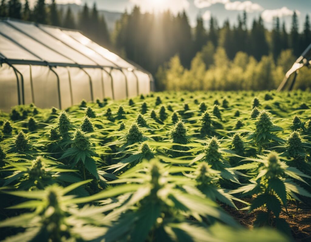 Large cannabis field with mature plants growing outdoors near a greenhouse, surrounded by trees under sunlight