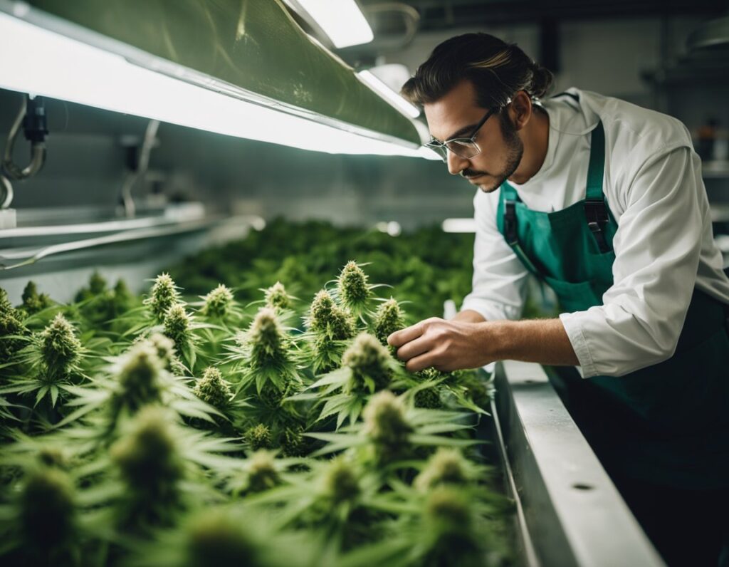 Scientist wearing blue gloves and a white lab coat examining cannabis plants in a controlled indoor environment. The person uses a small tool to inspect the buds of the plants under bright overhead lights.