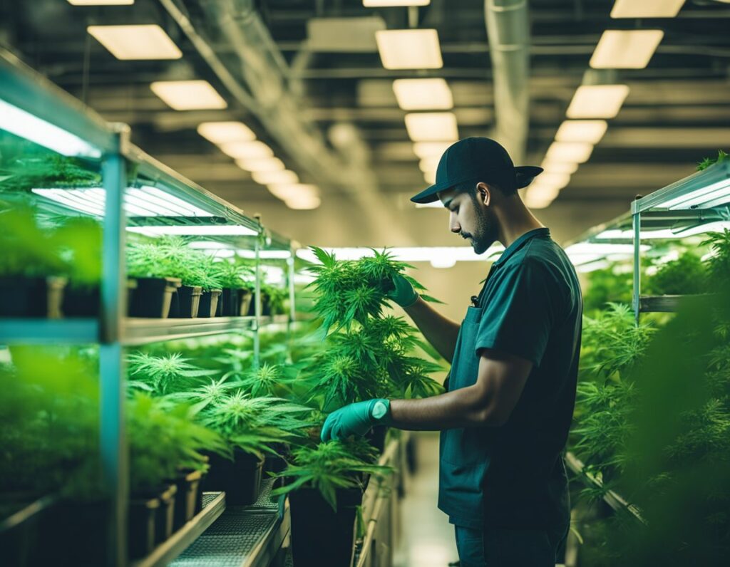 Worker wearing a dark uniform, cap, and gloves inspecting cannabis plants in an indoor cultivation facility. The plants are arranged on shelves under bright lights, with rows of potted marijuana plants visible.