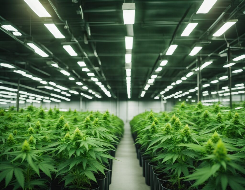 Rows of cannabis plants growing indoors under bright artificial lights in a large facility