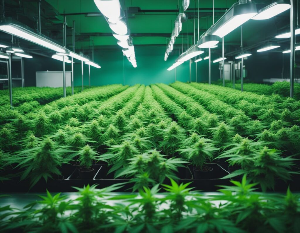 Large indoor cannabis cultivation facility with rows of plants under bright overhead lights, featuring lush green leaves and buds.