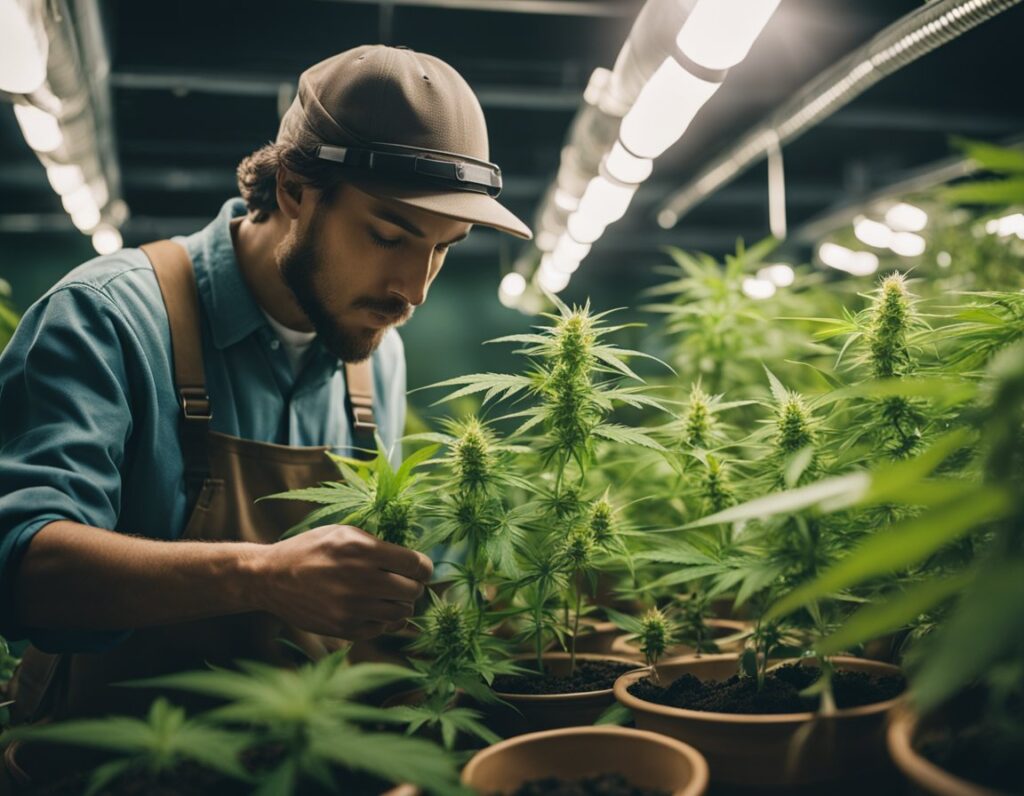 Man inspecting cannabis plants in an indoor grow facility, illustrating a legal guide to growing cannabis in Vancouver.