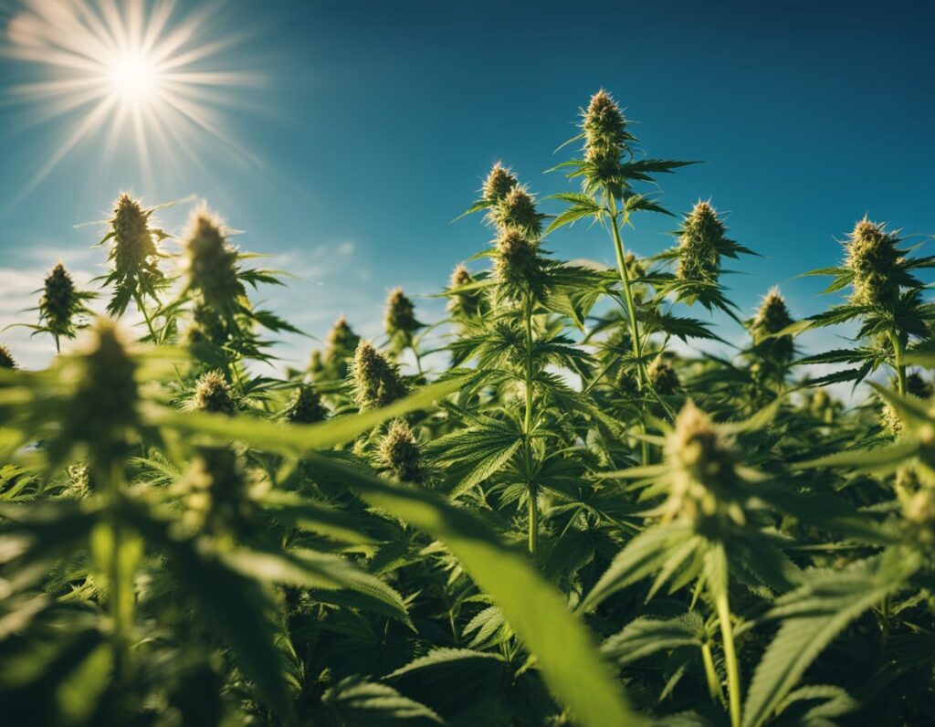 Low-angle view of cannabis plants with buds under a bright sun and clear blue sky in an outdoor field