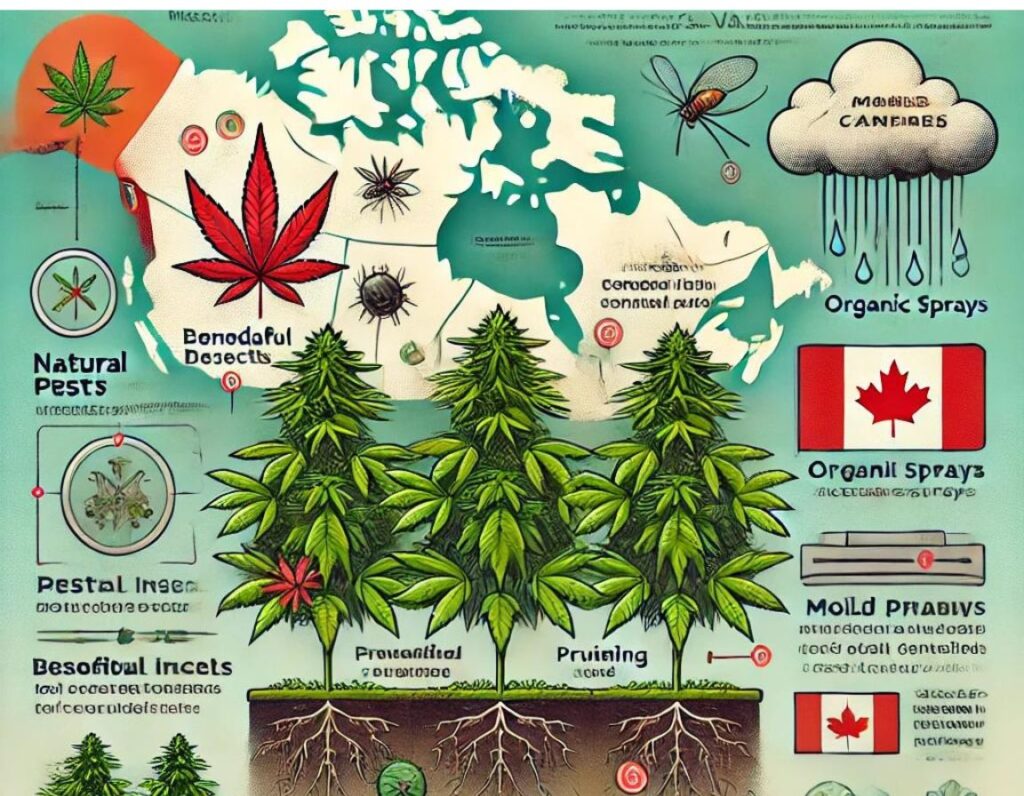 Illustration of cannabis cultivation with Cookies Seeds, plants, pests, and organic sprays set against a map of Canada. Includes labels for pruning, pest control, and methods suited to the Canadian climate.