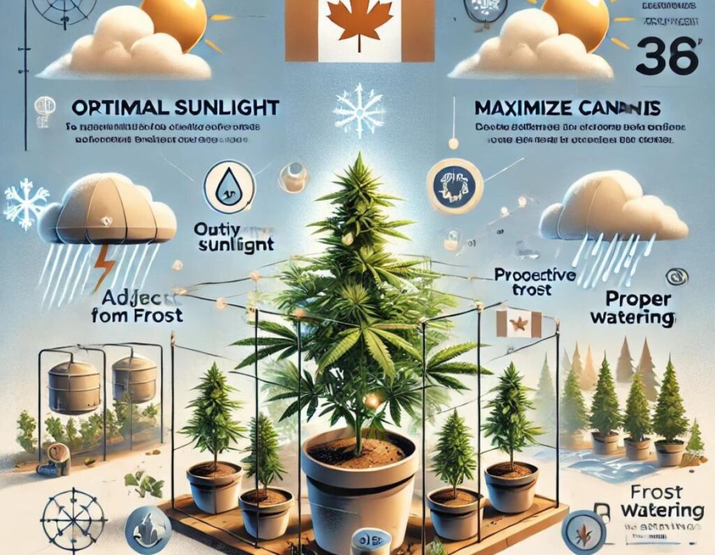 Illustration of cannabis plant care, featuring Cookies Seeds adapting to the Canadian climate. Highlights optimal sunlight, frost protection, and proper watering with visual elements like sun, water droplets, and frost indicators.