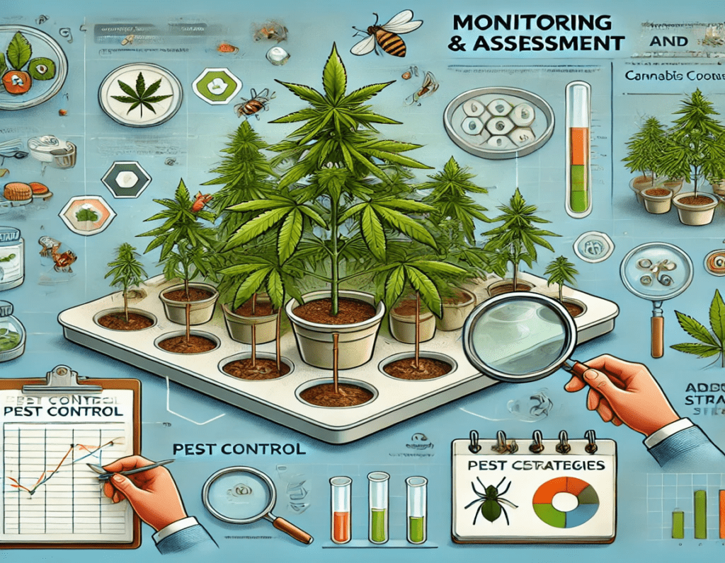 Illustration of cannabis plant monitoring, showcasing DIY pest control charts, magnifying glasses, plant pots, and insect icons. The scene features data graphs with a scientific theme to ensure healthy cannabis growth from Cookies Seeds.