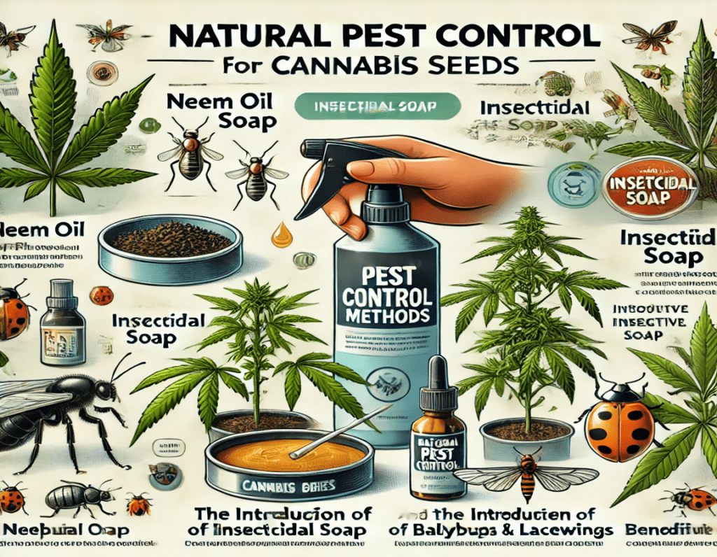 Illustration of DIY pest control methods for cannabis seeds in the USA, featuring neem oil, insecticidal soap, and beneficial insects like ladybugs and lacewings with labeled product examples. Perfect for cultivating healthy Cannabis Cookies seeds naturally.