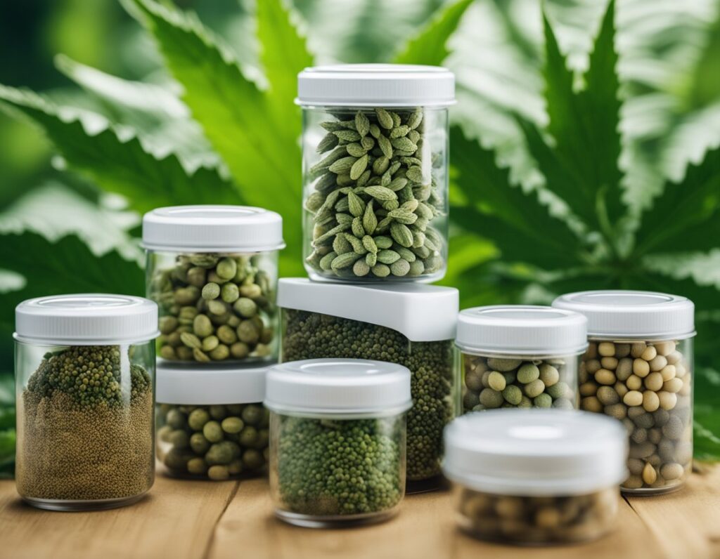 Assorted jars of cannabis seeds in different colors and sizes arranged on a wooden surface, with large cannabis leaves in the background.