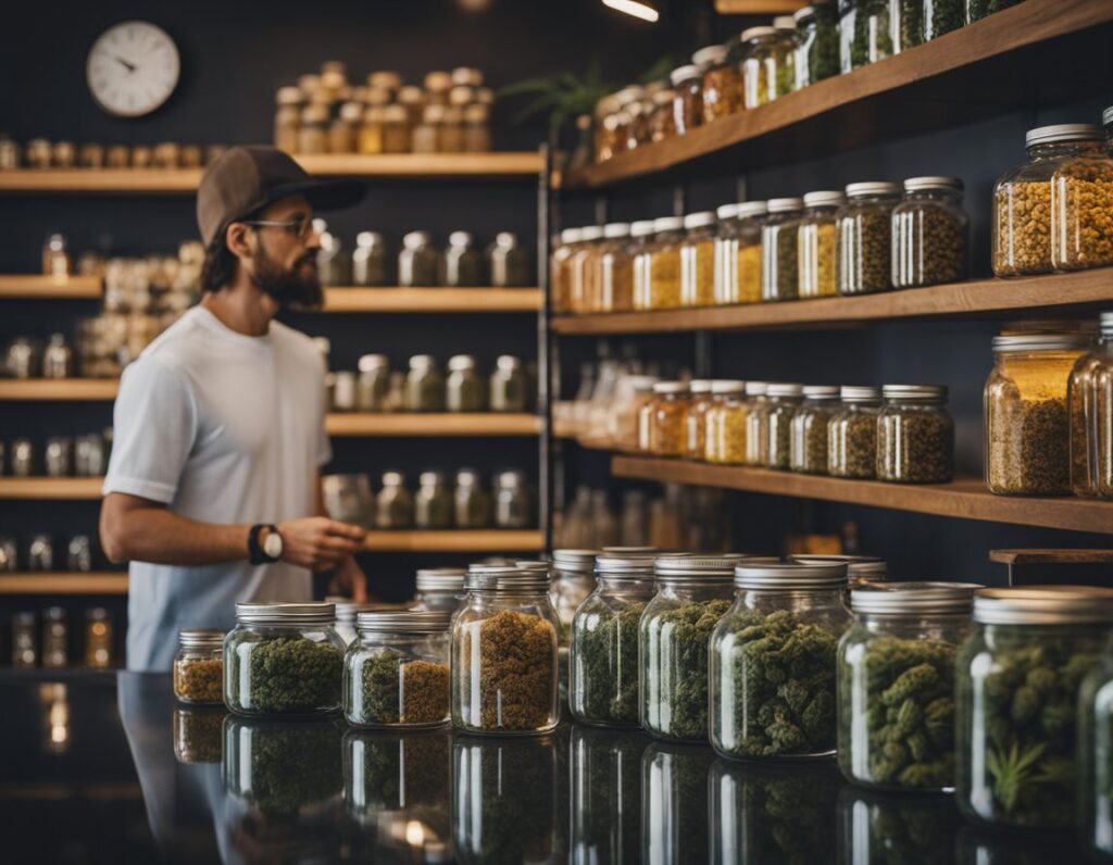 Man browsing jars of cannabis products and herbs on shelves in a dispensary or store, with various glass containers displayed on a counter.