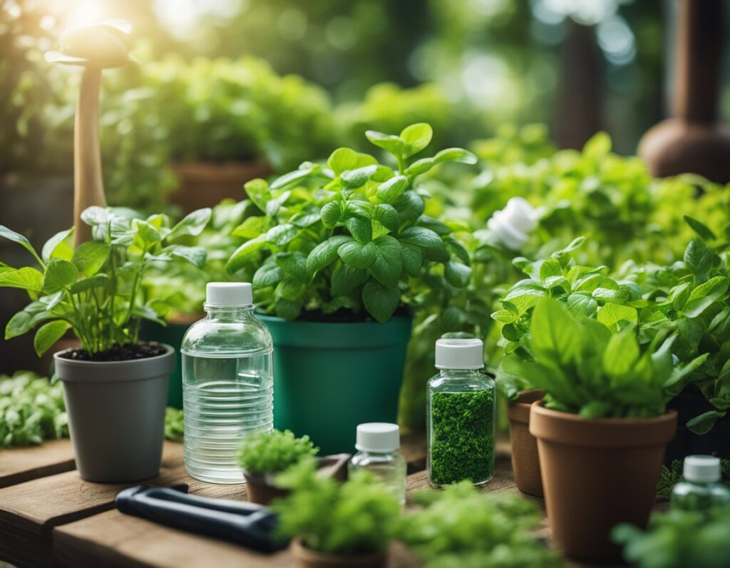 Variety of potted green plants and gardening tools on a wooden surface, with small bottles of liquid and plant supplements, outdoors in natural light.