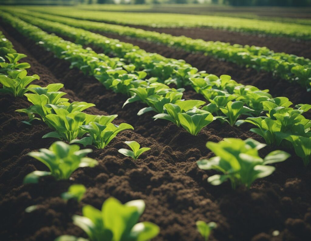 Close-up of rows of young green plants growing in dark, cultivated soil in a farm field