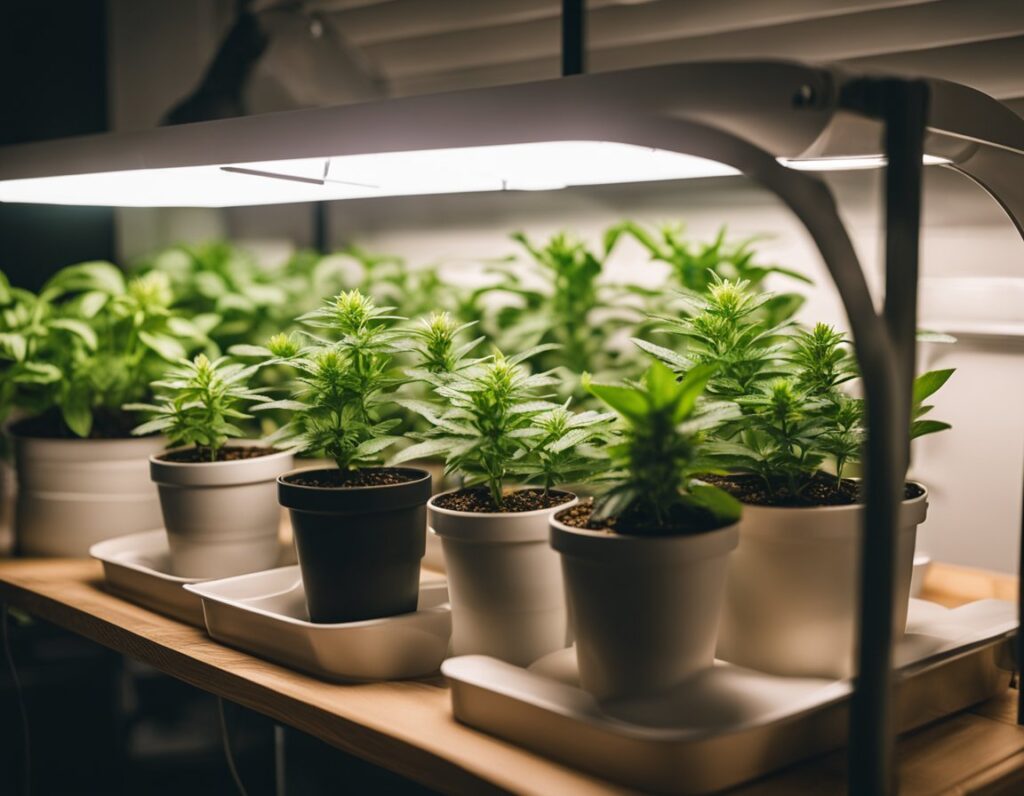 Small cannabis plants growing in white and black pots under LED grow lights indoors.