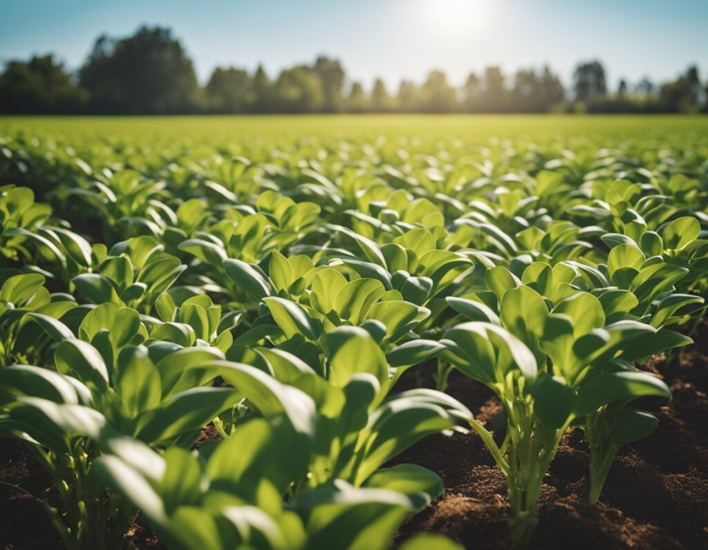 Field of young green plants growing in rows under bright sunlight, surrounded by trees in the background