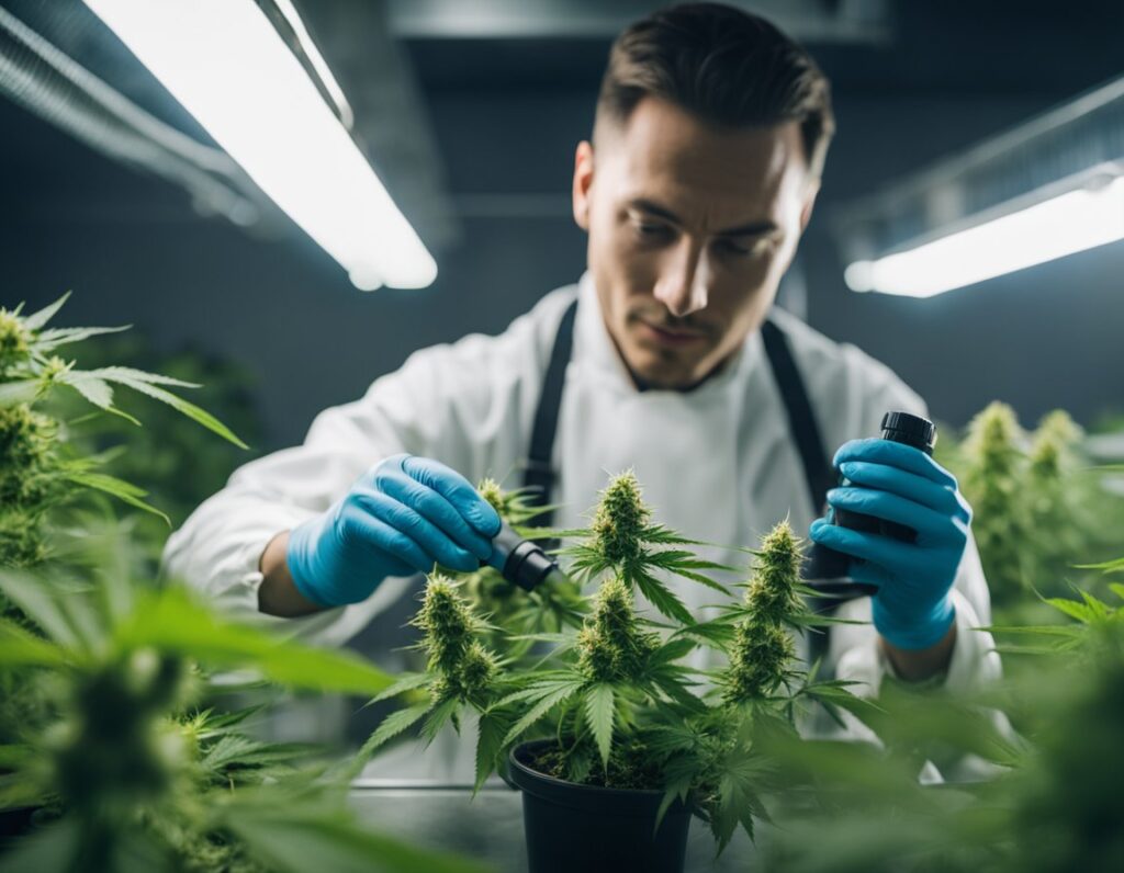 Scientist wearing blue gloves and a white lab coat examining cannabis plants in a controlled indoor environment. The person uses a small tool to inspect the buds of the plants under bright overhead lights.