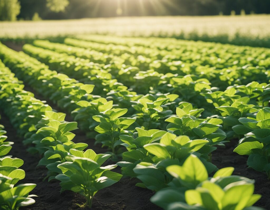 Rows of young green plants growing in a sunlit field