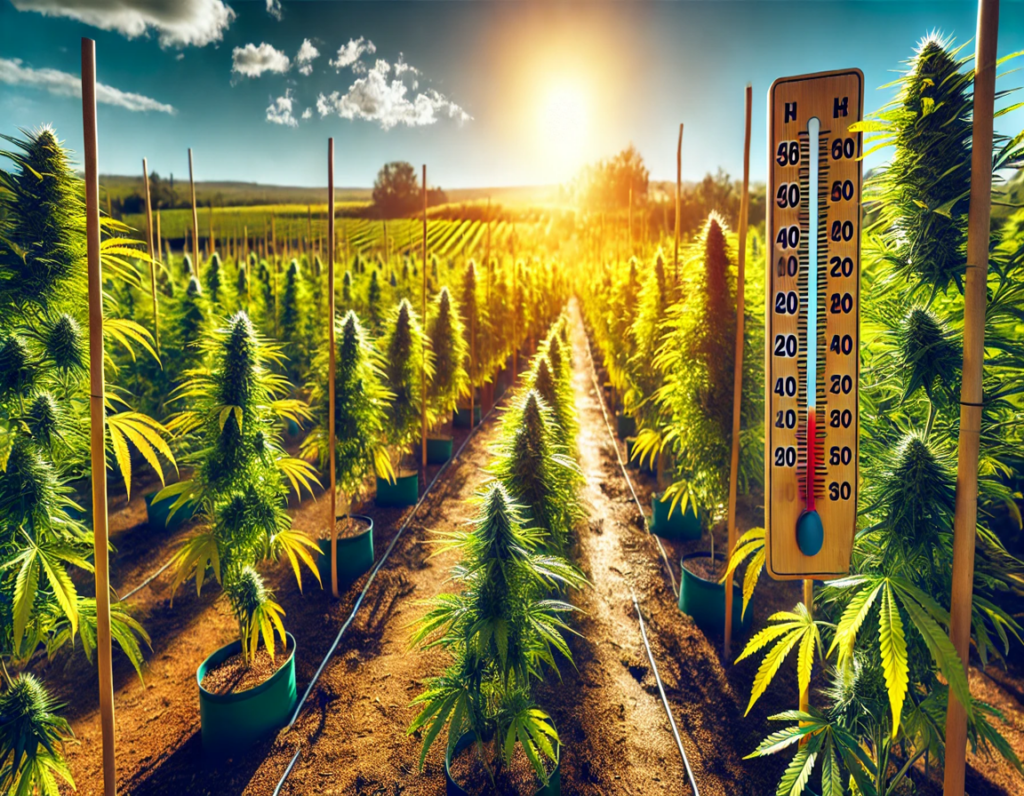 Outdoor cannabis field with rows of French Cookies plants in pots under bright sunlight, with a thermometer showing high temperatures, indicating ideal climate conditions for growth.