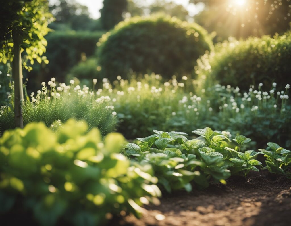 Lush garden with green plants and blooming white flowers under warm sunlight