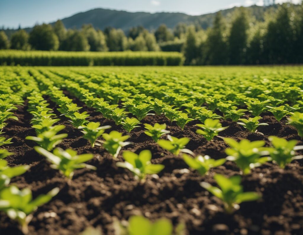 Young green plants growing in rows on a farm field with rich soil, surrounded by trees and mountains in the background.