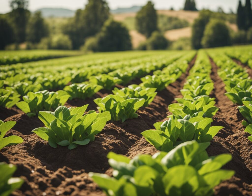 Rows of young green plants growing in a cultivated field on a sunny day, with trees and hills in the background.