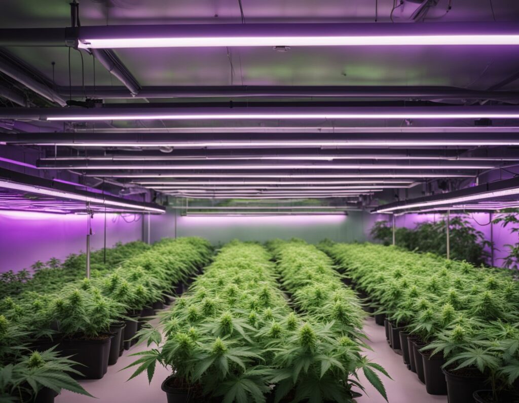 Indoor cannabis grow room with rows of plants in pots under purple and white LED lights, displaying vibrant green leaves and buds