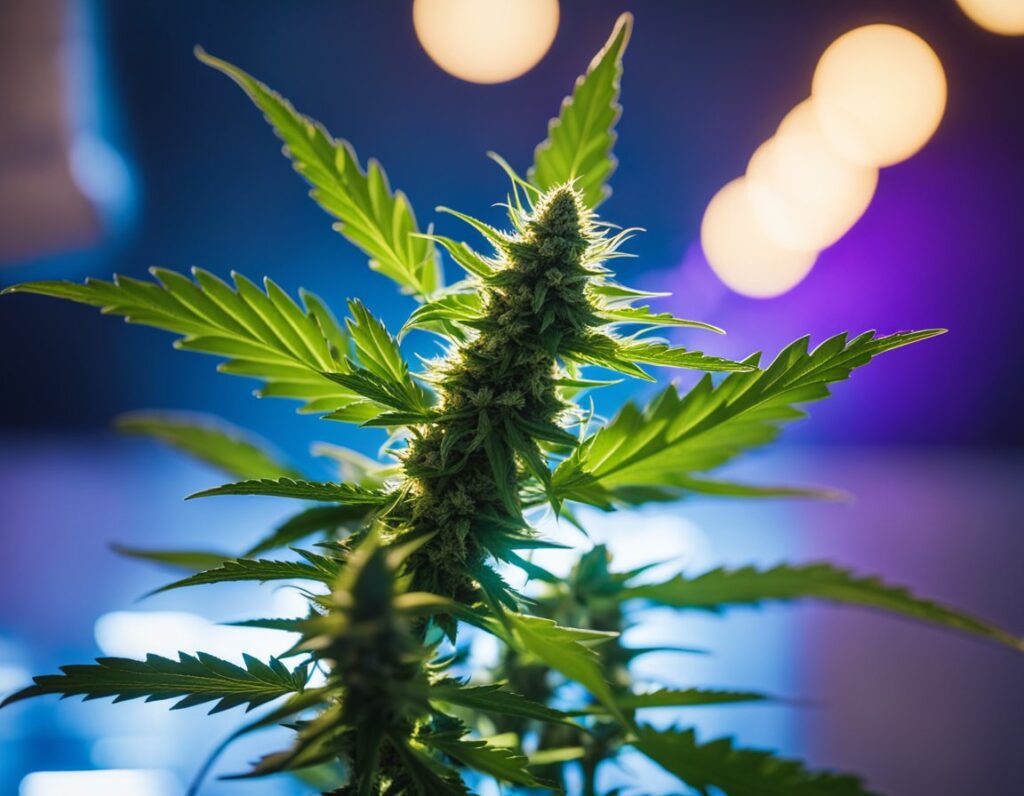 Close-up of a cannabis plant with green leaves and buds, illuminated by blue and purple indoor lighting.