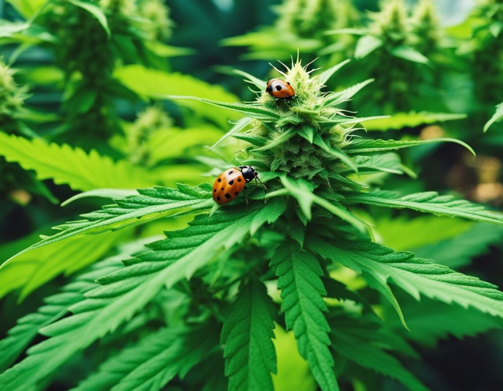 Close-up of ladybugs on a cannabis plant with green leaves and buds.