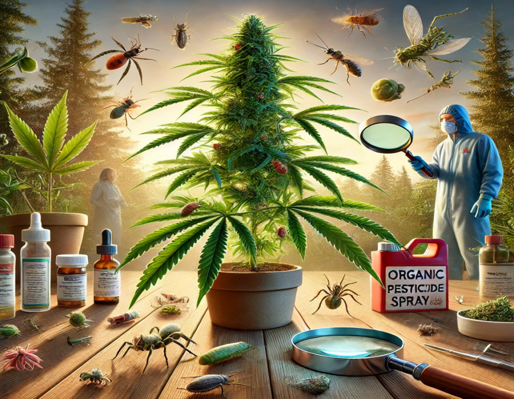 Illustration of a cannabis plant surrounded by various insects, organic pesticide spray, magnifying glasses, and bottles of pest control solutions, with a person in protective gear inspecting the plant