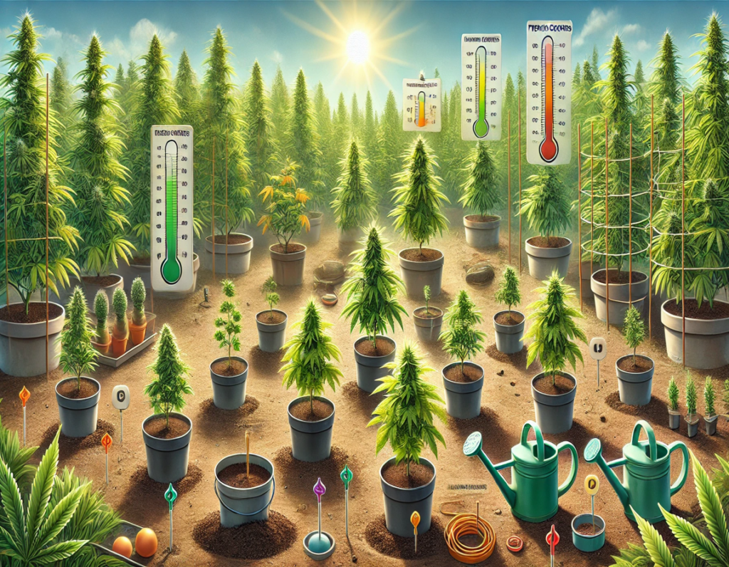 Outdoor cannabis garden with various potted cannabis plants in different growth stages, surrounded by soil and greenery, with temperature gauges and watering cans under a bright sun.