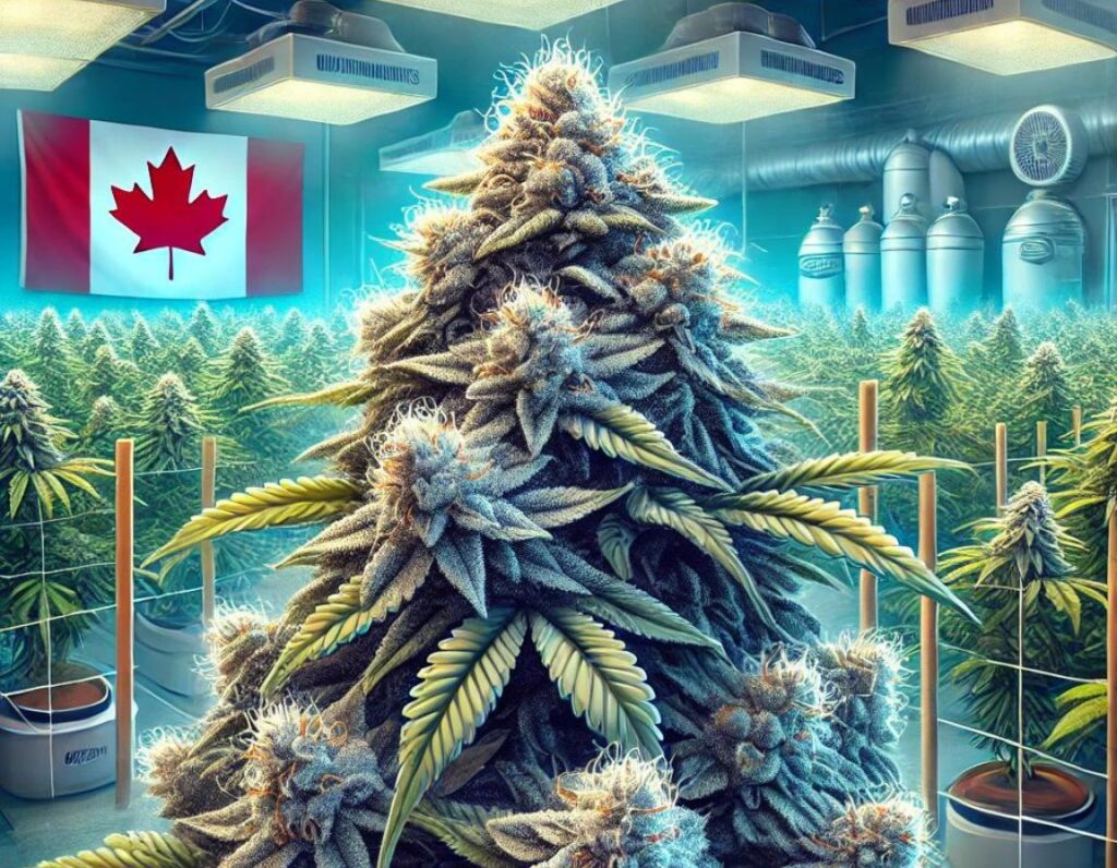 Cannabis plants flourish in an indoor growing facility, proudly set against the backdrop of a Canadian flag. This vibrant scene showcases the diversity of varieties nurtured within these Canadian gardens, each plant contributing to the nation's rich cultivation heritage.