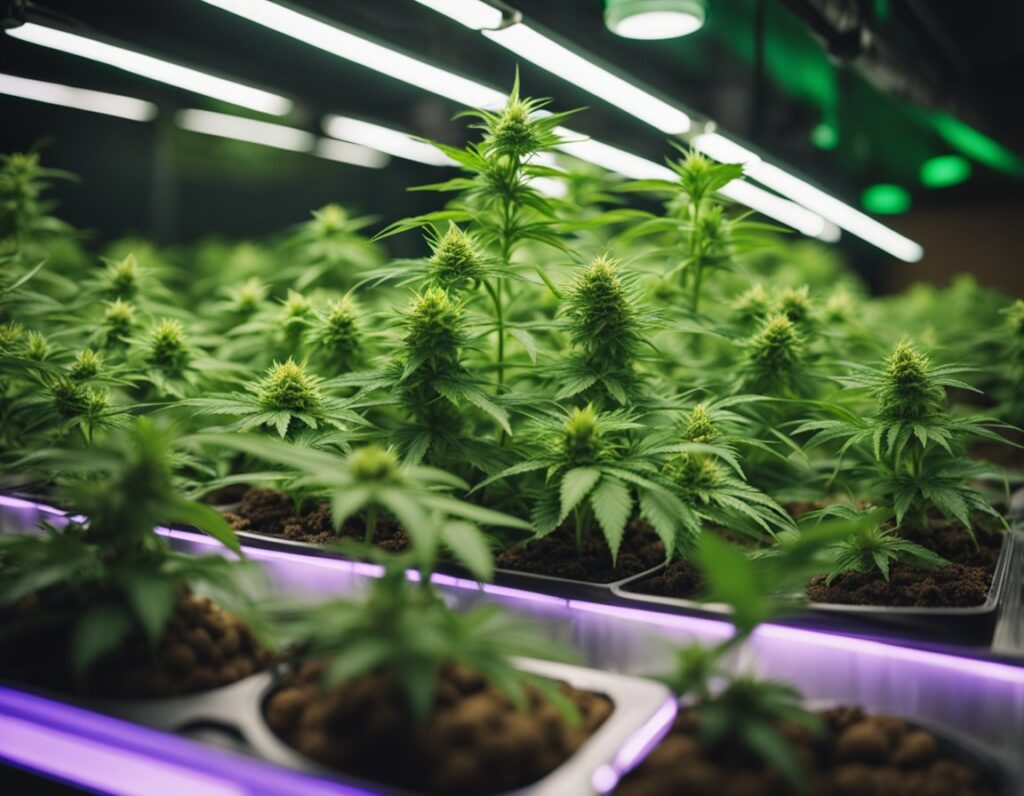 Indoor cannabis plants with budding flowers under LED grow lights in a hydroponic setup