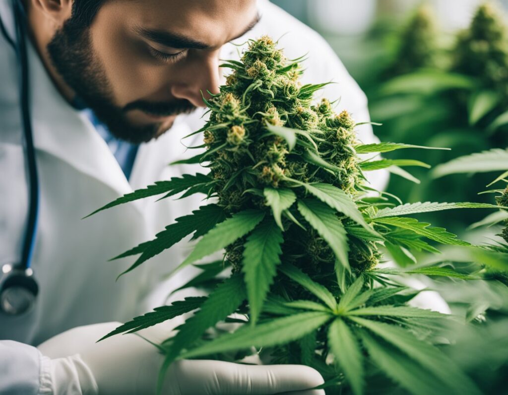 Scientist in a lab coat closely examining a cannabis plant, wearing gloves and a stethoscope