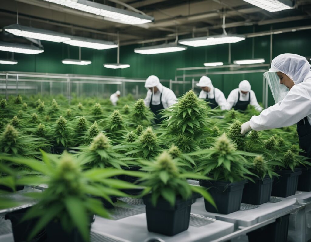 Workers in protective gear tending to cannabis plants in an indoor cultivation facility.