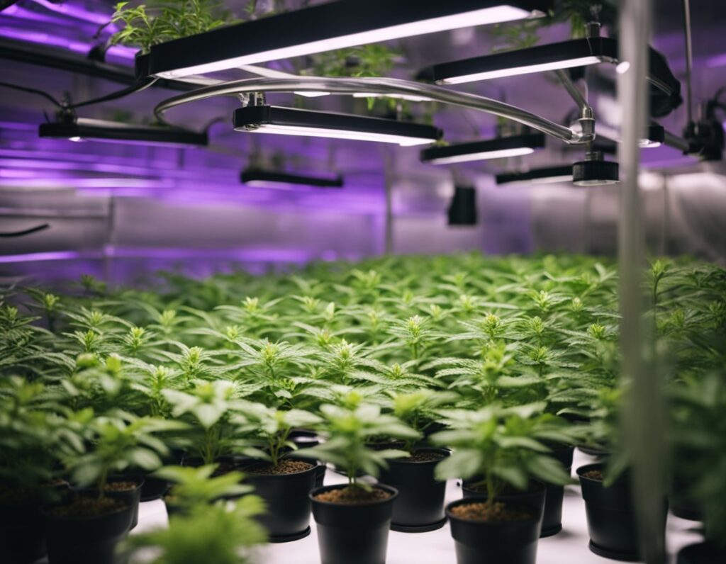 Indoor cannabis cultivation with rows of young green plants in black pots under LED grow lights