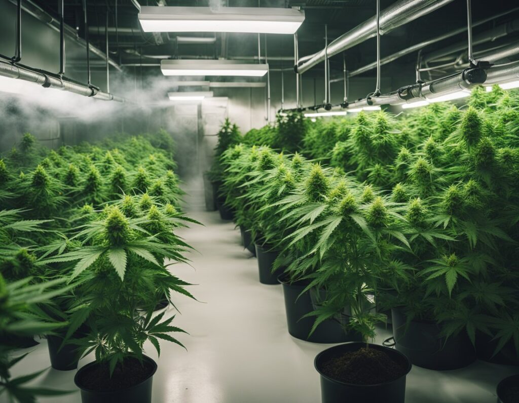  Indoor cannabis cultivation with rows of green marijuana plants in black pots under bright overhead lights. A misting system is visible in the background.