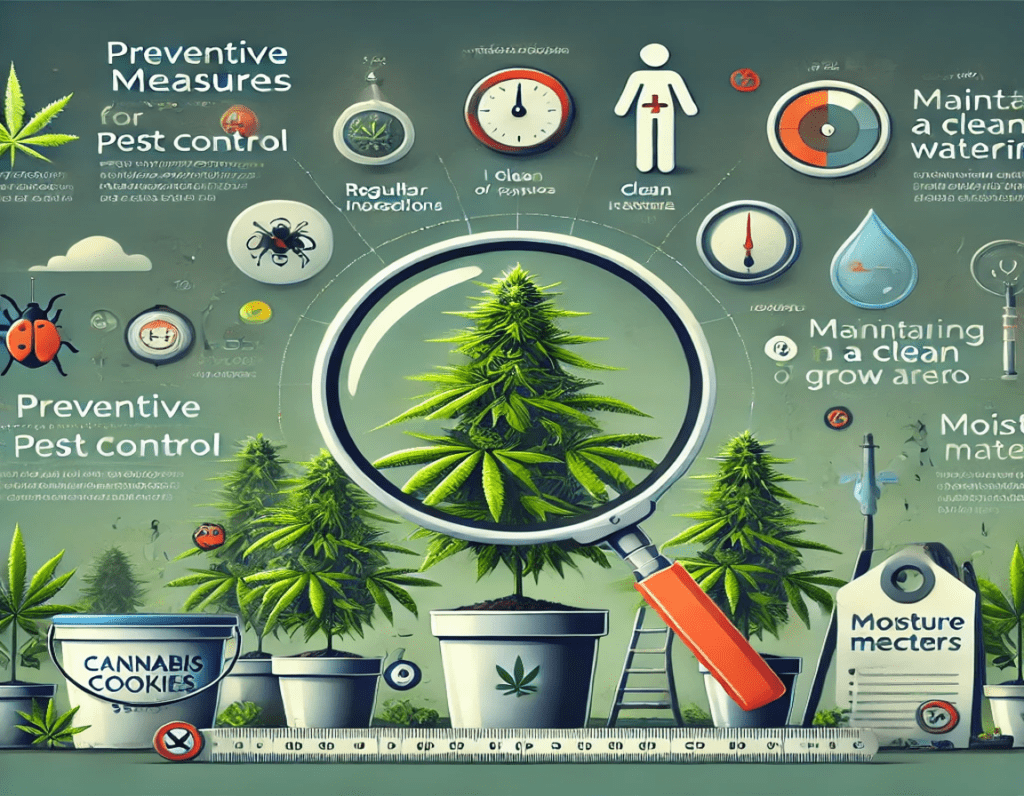 Infographic on DIY pest control for healthy cannabis, featuring various preventive measures, a magnifying glass highlighting a plant, plus elements like insects, a watering can, and a moisture meter.