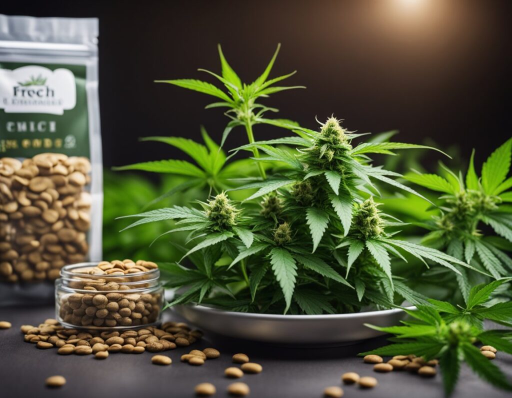 Close-up of a cannabis plant with buds, surrounded by cannabis seeds in a glass jar and packaging labeled 'Fresh Cannabis Seeds' in the background.