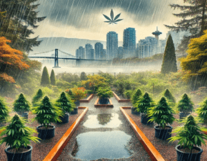 reflecting an outdoor cannabis garden in Vancouver's coastal climate, showcasing mild, temperate weather and a setup optimized for managing moisture and airflow