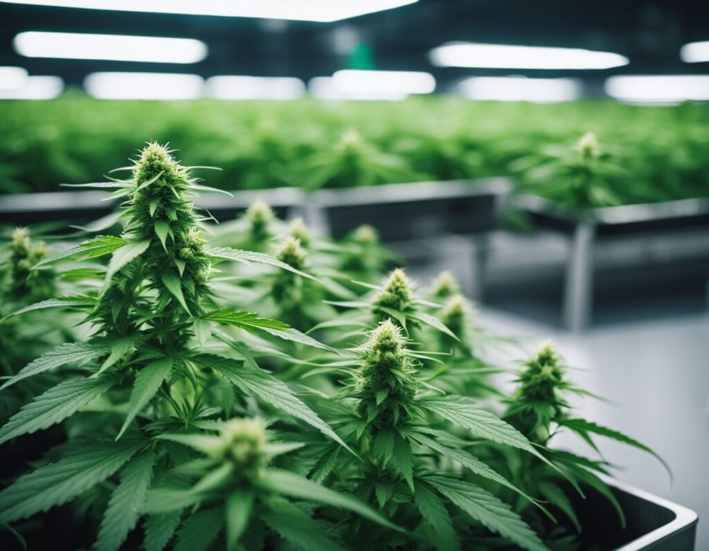 Cannabis plants growing indoors under artificial lighting in a controlled environment