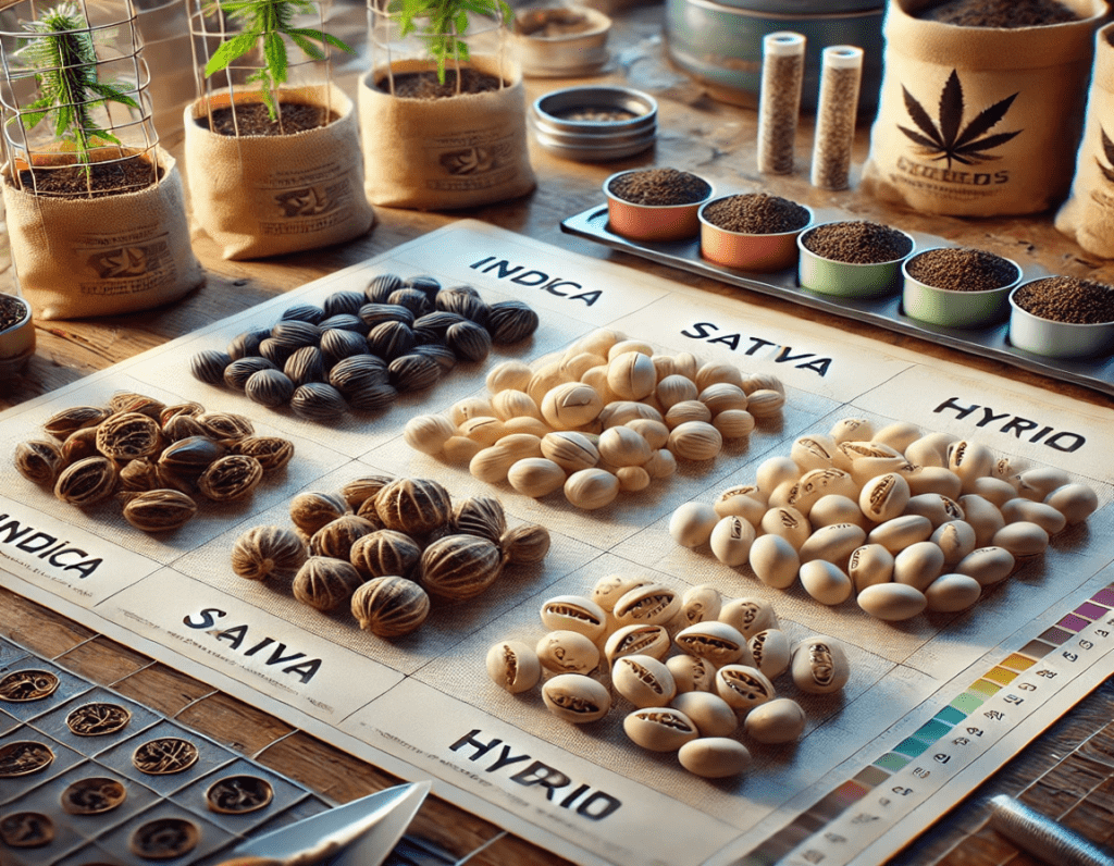 Assorted cannabis seeds categorized by strain types (Indica, Sativa, Hybrid) on a grid chart, surrounded by small potted plants and soil containers in a well-organized workspace.