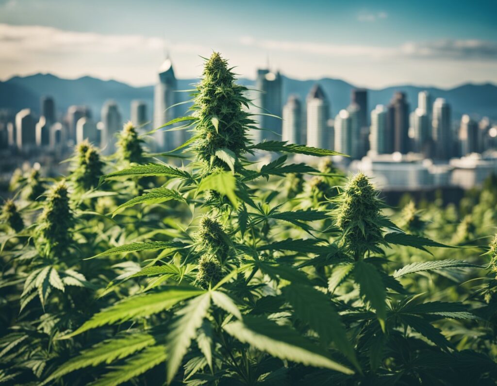 Cannabis plants growing outdoors with a city skyline and mountains in the background.