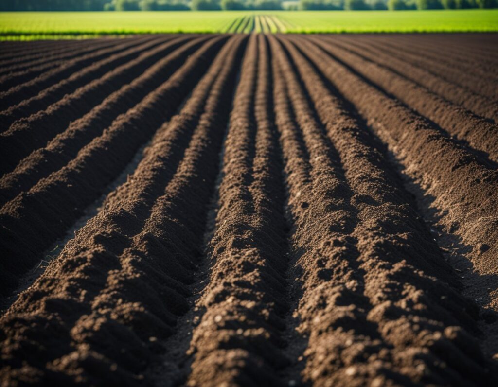 "Freshly plowed agricultural field with evenly spaced rows of dark, rich soil ready for planting under natural sunlight.