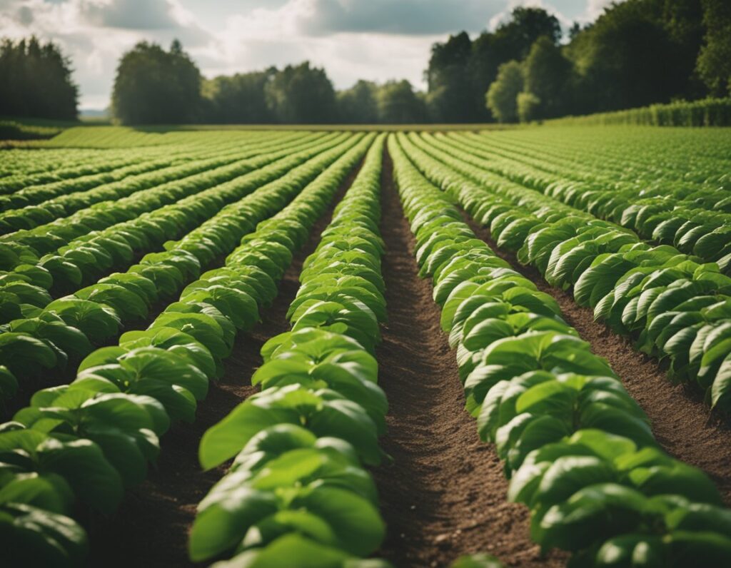 Wide view of neatly planted rows of green crops in a large open field under a cloudy sky