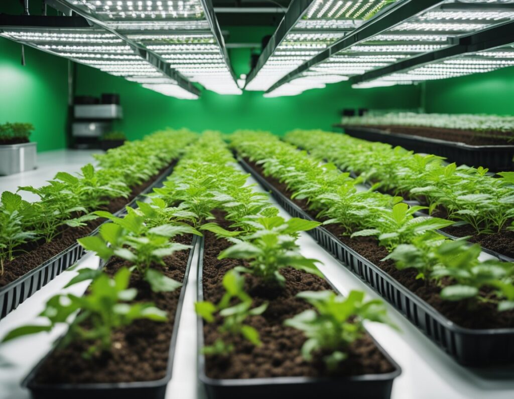 Indoor hydroponic farm with rows of young green plants growing under LED lights in a controlled environment